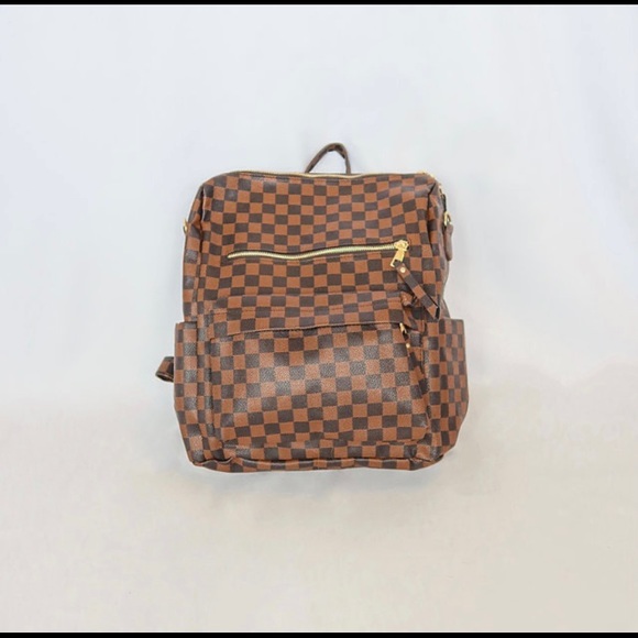 brown checkered backpack